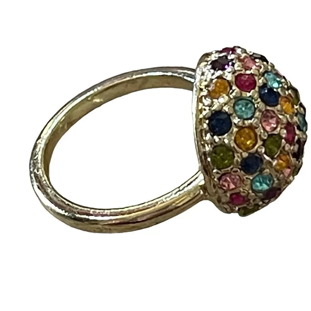 NWOT gold tone round multi colour rhinestone ring US size 6.5